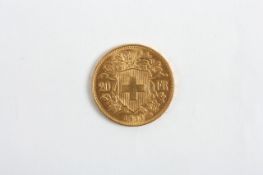 A 1911 Swiss 20 franc gold coin, 6.4 grams Good condition.