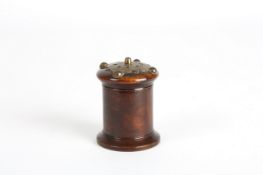 A Victorian rosewood and brass string dispenser, in the form of a canister, with screw top and