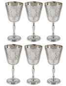 A set of six silver goblets, Modern, with chased decoration and vacant cartouche, on silver plated