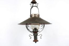 A W.A.S. Benson style copper and wrought iron standard lamp, length 75cm With general wear. The