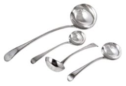 A George III silver soup ladle and three sauce ladles, the soup ladle and two sauce ladles of the
