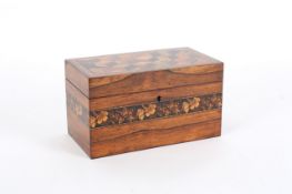 A Tunbridgeware tea caddy, 19th century, the rectangular rosewood two compartment tea caddy with