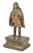 A 17/18th century painted carved wooden figure of a gentleman, Continental, wearing a blue cloak and