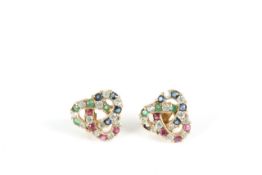 A pair of gold lovers knot shaped ruby/diamond/sapphire and emerald earrings, Modern One stone