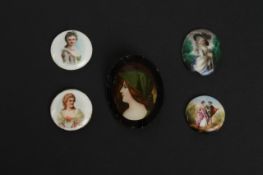 A small collection of five miniature porcelain plaques, mainly depicting females, one in a silver