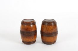 A 19th century pair of boxwood containers in the form of barrels, with screw tops and banded
