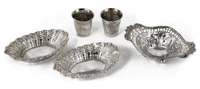 A pair of silver bon-bon dishes, two silver toddy cups, and another bon-bon dish the pair hallmarked