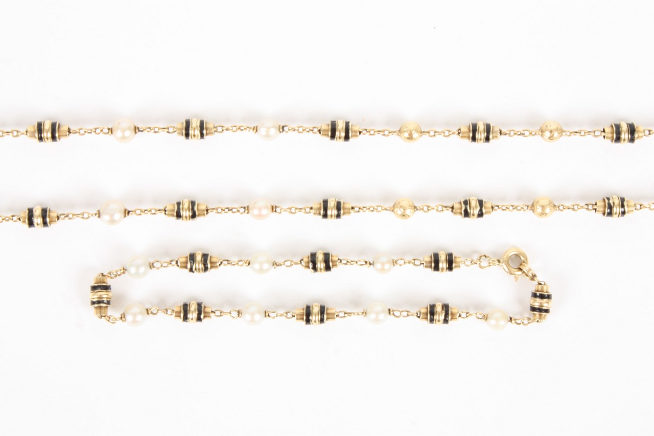 A Continental gold coloured metal pearl necklace and bracelet set, marked indistinctly, the chain