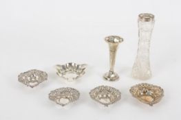 Four silver bon-bon dishes, a silver ash tray, and two bud vases, the four silver bon-bon dishes all