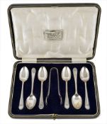 A boxed set of silver coffee spoons and sugar tongs, hallmarked Sheffield, 1915, in presentation