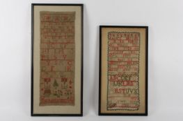 Two late 19th century samplers, both worked in coloured threads one depicting trees, heart motif