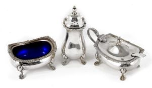 A Modern silver three piece condiment set, hallmarked Birmingham 1970, comprising mustard with