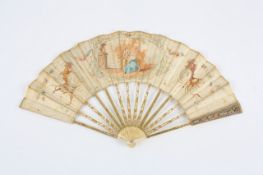 A 19th century hand painted and hand decorated ivory and paper fan, the guard sticks painted with