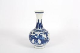 A large early 19th century Chinese blue and white vase, of bulbous form with slender tapered neck,