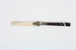 An agate and mother of pearl paper knife, with agate handle silver mounts, and mother of pearl