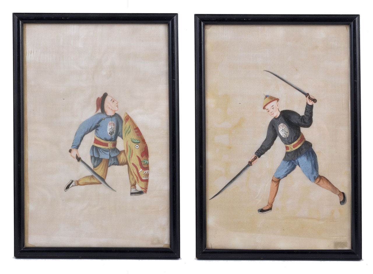 Two Japanese paintings on rice paper, circa 1900, depicting young men with Samurai swords and