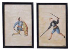 Two Japanese paintings on rice paper, circa 1900, depicting young men with Samurai swords and