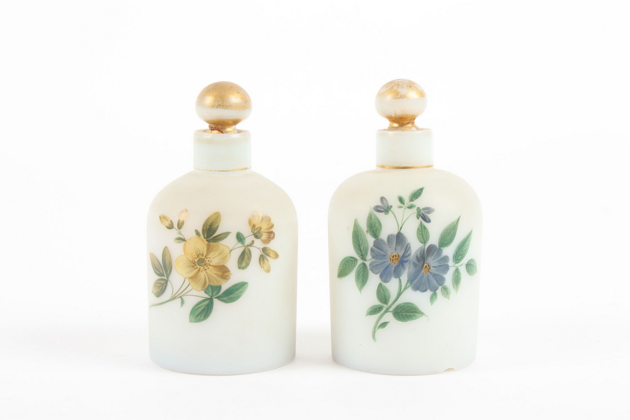 A pair of Bohemian frosted glass scent bottles, early 20th century, painted with an Oriental man and