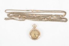 A ladies 14ct gold fob watch with 9ct gold chain, the fob watch with engine turned dial, Arabic