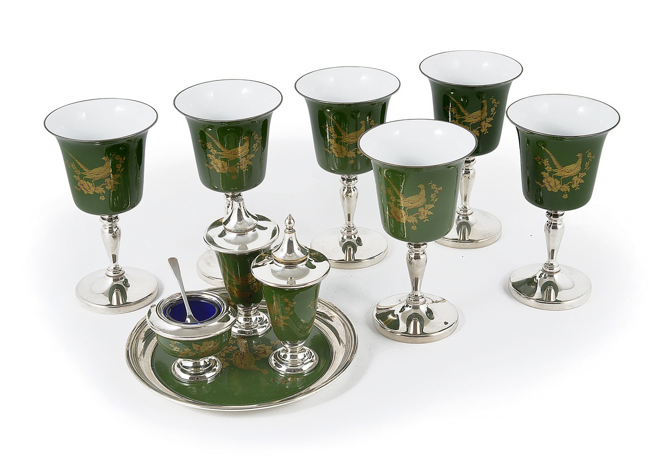 A Mappin and Webb silver plated and porcelain table wear set, Modern, comprising six goblets and a