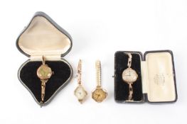Four 9ct gold ladies wristwatches, three on gold expanding bracelets and one on a gilt metal