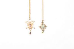 Two Edwardian gilt metal pendants, one set with peridot and seed pearls, the other set with amethyst