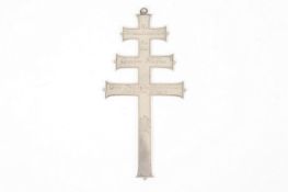 A triple bar silver coloured metal cross, circa 1811, engraved on the front and the reverse,