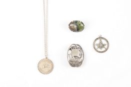 A silver Iona brooch and a silver Masonic pendant, together with a moss agate brooch set in