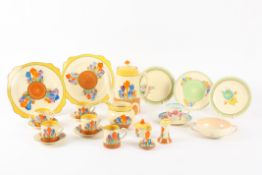 A Clarice Cliff Crocus Pattern part coffee service comprising coffee pot, milk jug, small cream jug,