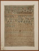 An early 19th century sampler embroidered along the bottom `Jane Wood her sampler November 8