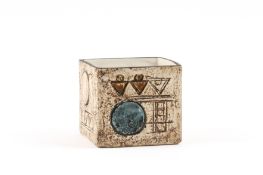 A Troika cube vase decorated with abstract designs, signed to the base with artists monogram EW. 9.