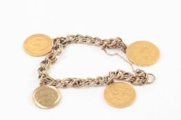 A 9ct gold bracelet set with three gold rings two half sovereigns dated 1910 and 1914, an Austrian