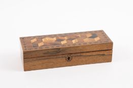 A 19th century rosewood Tunbridgeware pen box with large geometric cube pattern to lid 24.5cm wide