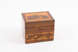 An early 19th century Tunbridgeware castle top tea caddy the rosewood box with mosaic pattern to the