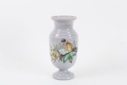 A large Victorian opaque lilac glass painted vase hand painted with a scene of a young girl painting