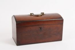 A George III mahogany domed top tea caddy with brass swan neck carrying handle, the domed lid