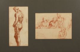 A set of two framed printed nude sketches depicting life-like anatomical male figures, probably