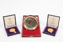 Three items of Churchill memorabilia comprising a silver circular dish signed Clementine Churchill