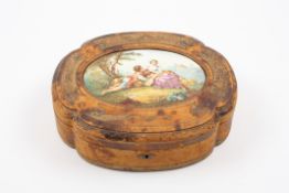 A late 19th century French porcelain and leather jewellery box the shaped hinged top with inset oval