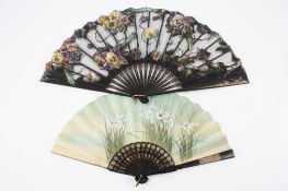 A late 19th century lace and silk fan hand painted and decorated with pansies, together with another