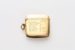 A George V 9ct gold military vesta case hallmarked Birmingham 1922 and with engraved inscription: `
