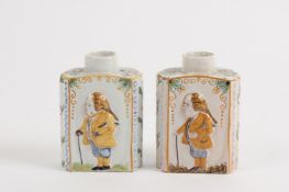 An unusual pair of late 18th / early 19th century tin glazed tea canisters naively painted and