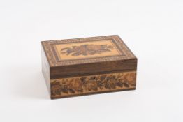 A 19th century rosewood Tunbridgeware jewellery box with inlaid mosaic rose pattern to the lid 20.