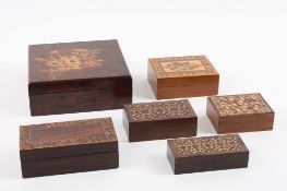 A small collection of five rectangular Tunbridgeware boxes together with a square hinged wooden