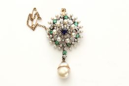 An Edwardian gold, emerald, sapphire, diamond and pearl pendant brooch formed with central