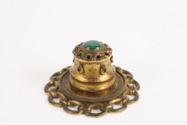 A Victorian ormlu and malachite chain link ink well the rising top with chain link surround and