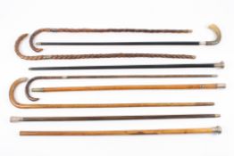 A collection of nine wooden walking canes mostly late 19th and early 20th century four with silver