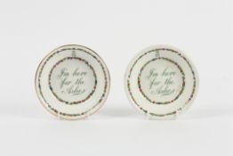 An unusual pair of Losol Ware cricket dishes early 20th century, inscribed `I`m here for the Ashes`,