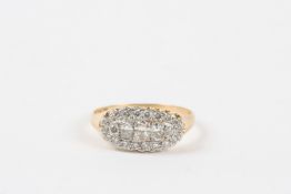 A Victorian 15ct gold diamond ring set with five large diamonds in a row, surrounded by an oval band