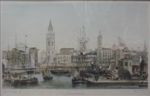 FRAMED POLYCHROME PRINT DEPICTING ST GEORGE'S DOCK BASIN, LIVERPOOL.  LIMITED EDITION No. 247/350,